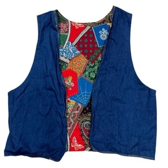 Handmade Vintage Colorful Patchwork Print Hippie Chic Reversible Vest - Picture 3 of 8